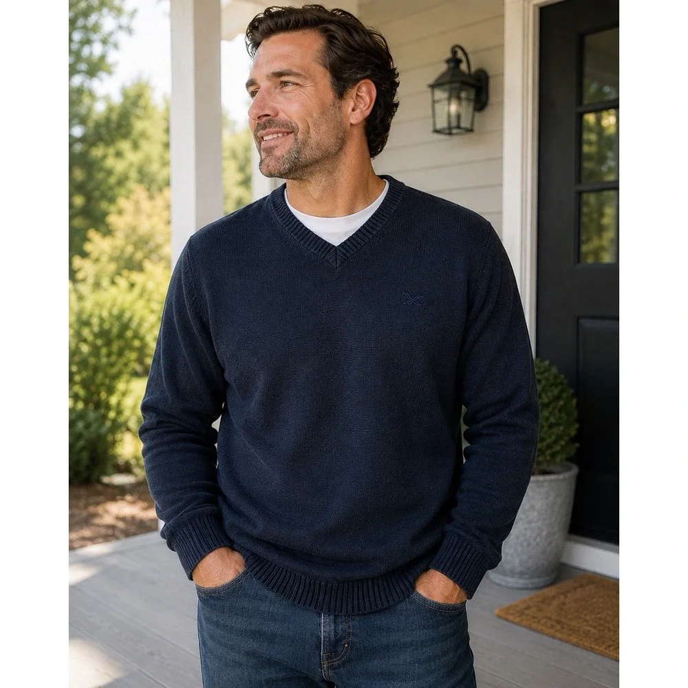 Eddie Bauer Men's L Tall V Neck Sweater 100% Cotton Navy Blue Logo Pullover